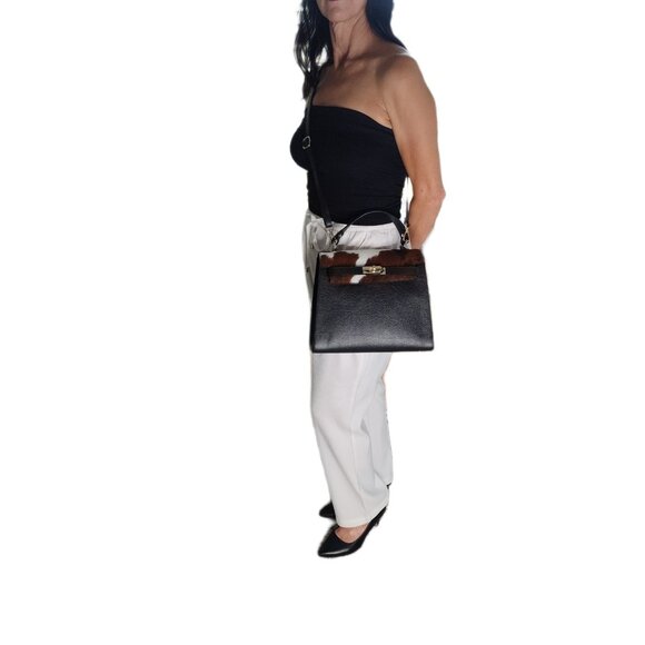 Genuine Charlie Leather "Bellezza" Black with Brown & White Fur Handbag–NWT - Picture 13 of 14